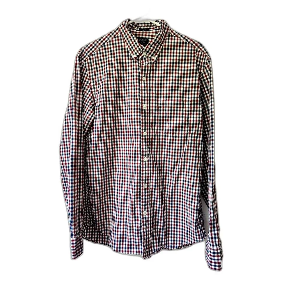 J.Crew Flex Washed Slim Gingham Button Down Shirt Men's Large Red Blue Cotton